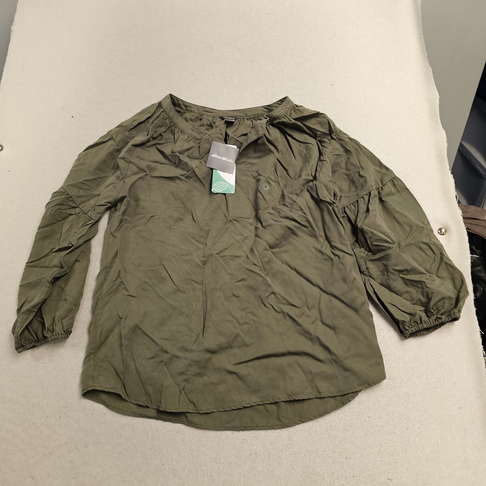 Eddie Bauer Womens Olive Green Tiered Ruffle Sleeve Split Neck Blouse Medium NEW